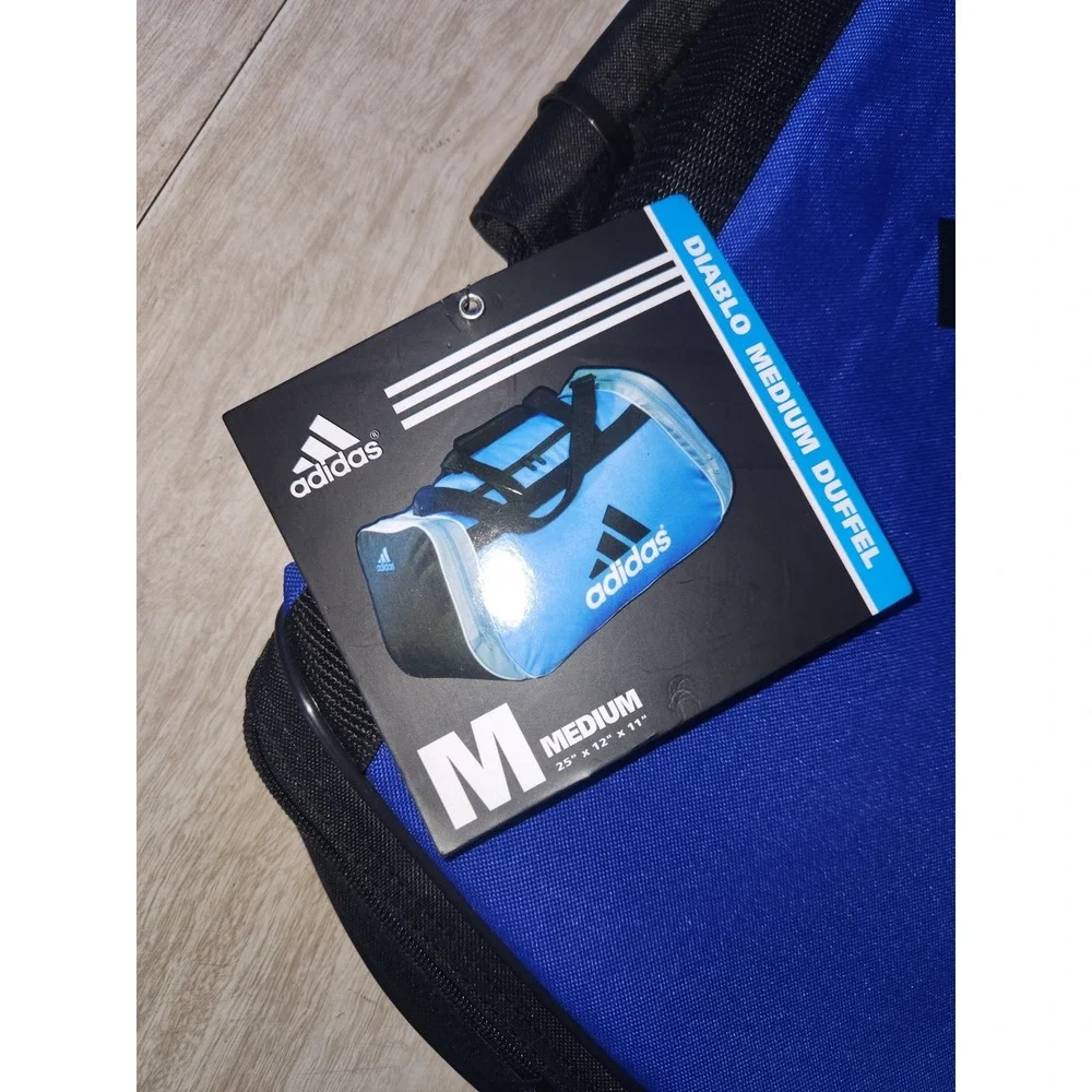 Adidas Diablo MEDIUM Duffel CORE TRAVEL Bag‎ BLACK/WHITE/BLUE 2 POCKETS~NEW+TAGS